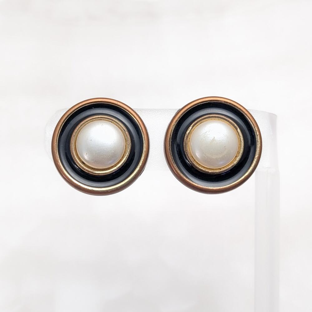 Vintage Clip On Earrings Metallic Tones, Black with Faux Pearl Center 1"